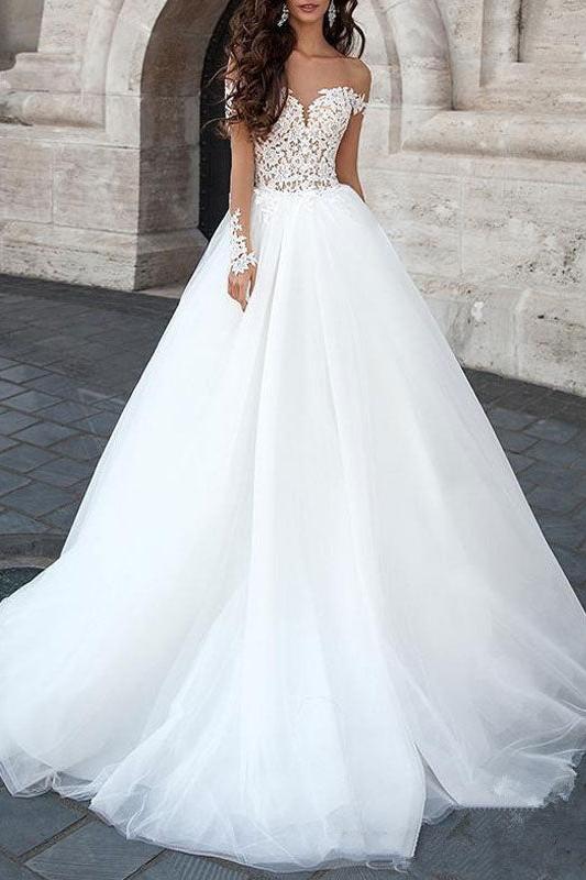 Charming Off The Shoulder White Tulle Backless Wedding Dresses With Lace Appliques