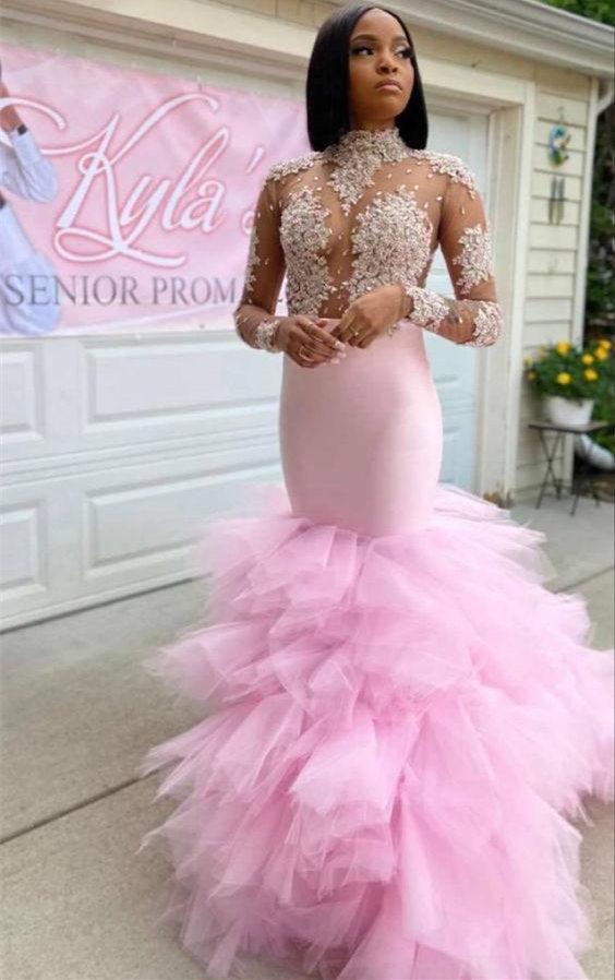 Charming Pink Halter Long Sleeve Lace Mermaid Floor-length Prom Dresses