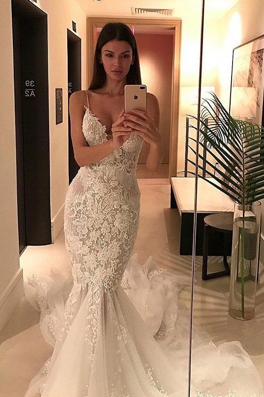 Charming Spaghetti-Strap Mermaid Wedding  Dress Lace Zipper Button Tulle Bridal Gowns