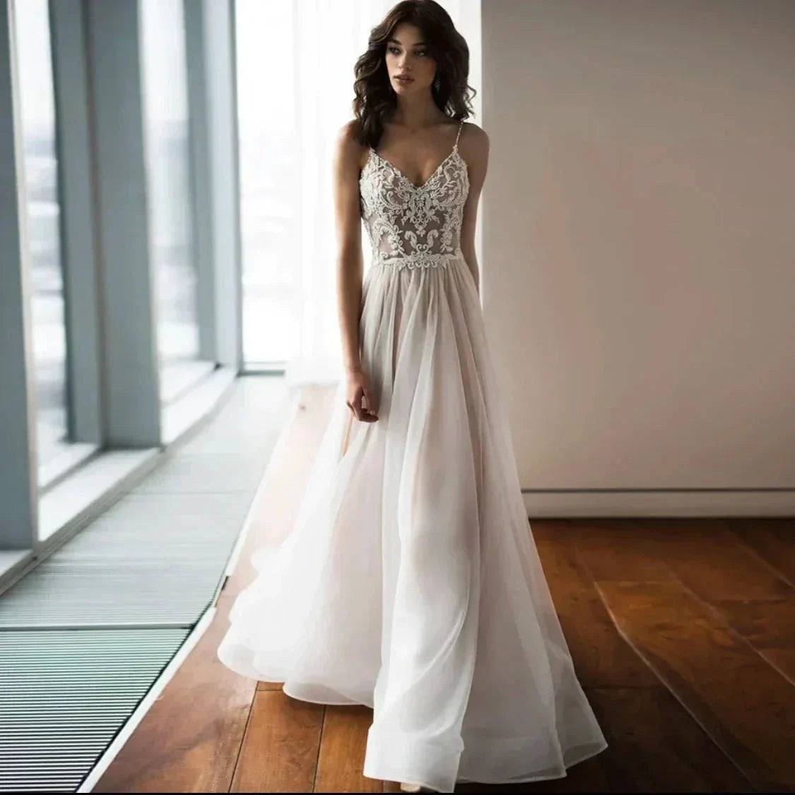 Charming Spaghetti Straps V Neck Wedding Dresses Lace Appliques Backless Tulle A Line Bridal Gowns Sweep Train Robe De Mariée by payinti