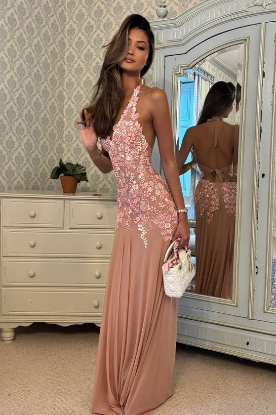 Charming A Line Halter Neck Pink Long Prom Dress with Appliques - VelvetHem