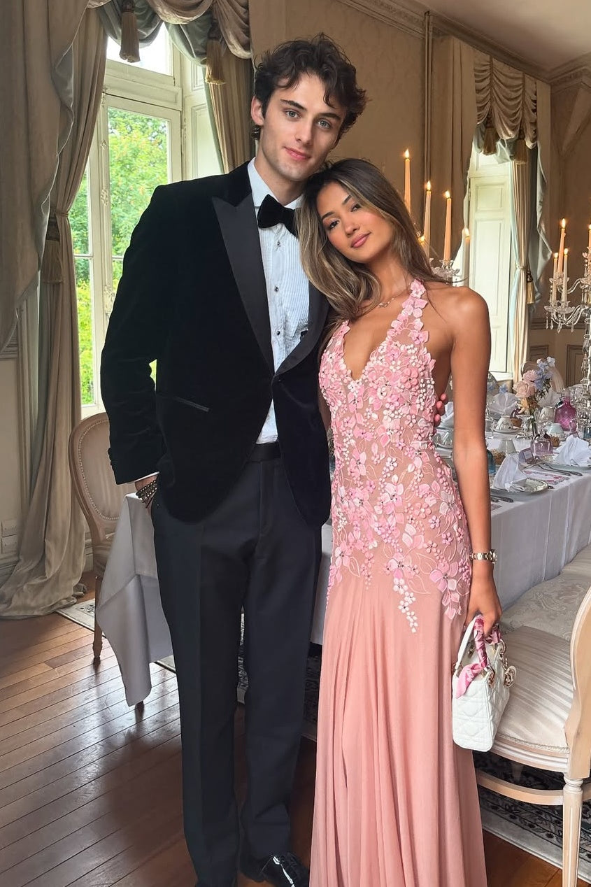 Charming A Line Halter Neck Pink Long Prom Dress with Appliques - View 2 | VelvetHem