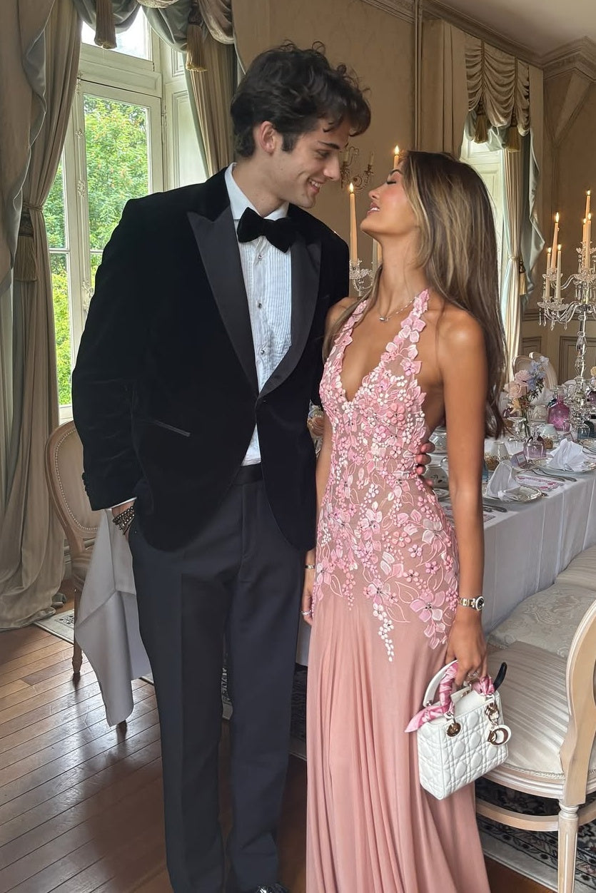 Charming A Line Halter Neck Pink Long Prom Dress with Appliques - View 3 | VelvetHem