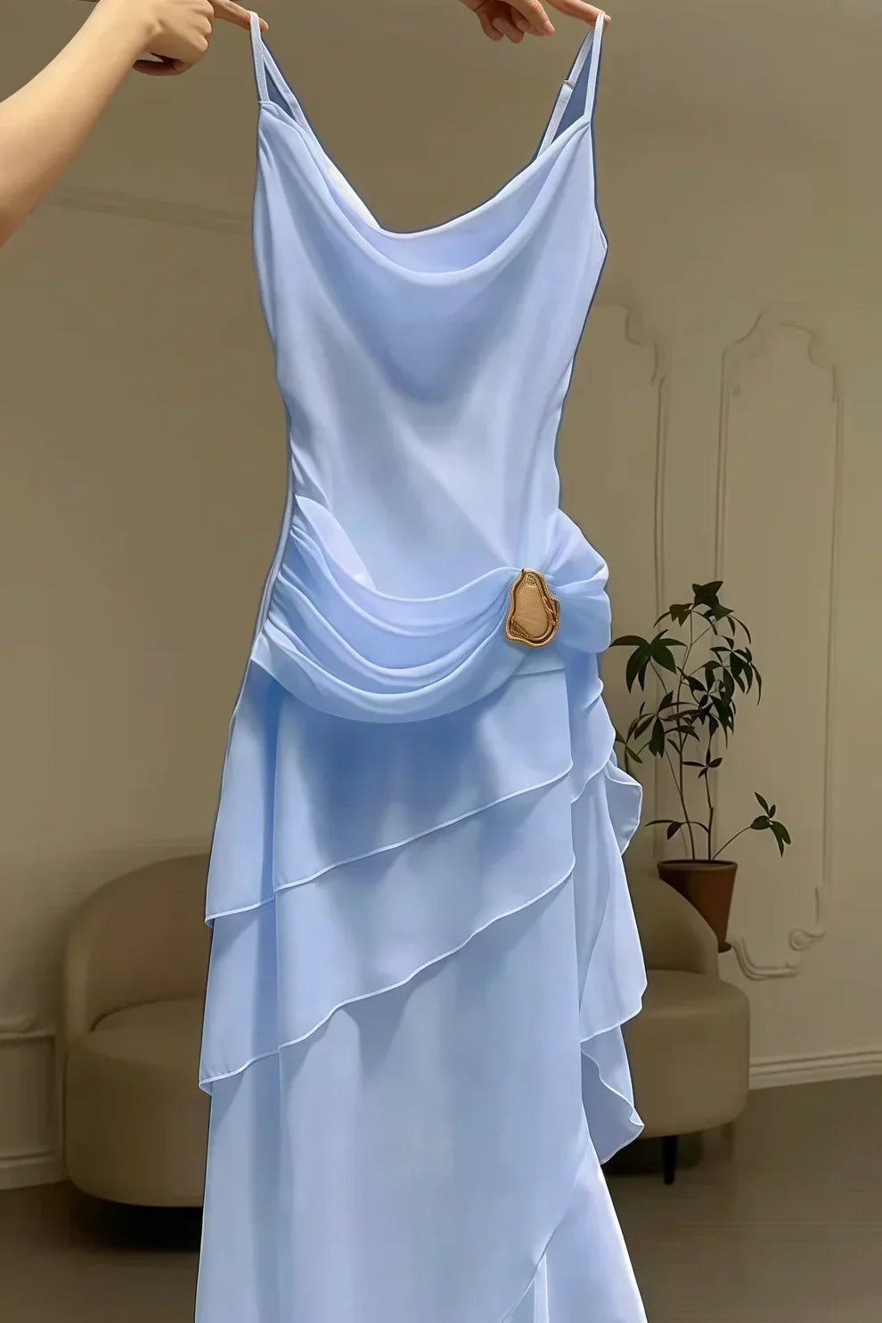 Charming A Line Spaghetti Straps Blue Prom Dress with Asymmetrical Ruffles - VelvetHem