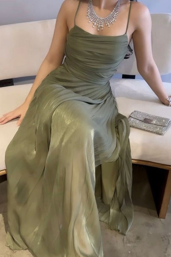 Charming A Line Spaghetti Straps Green Tulle Long Prom Dress with Ruffles