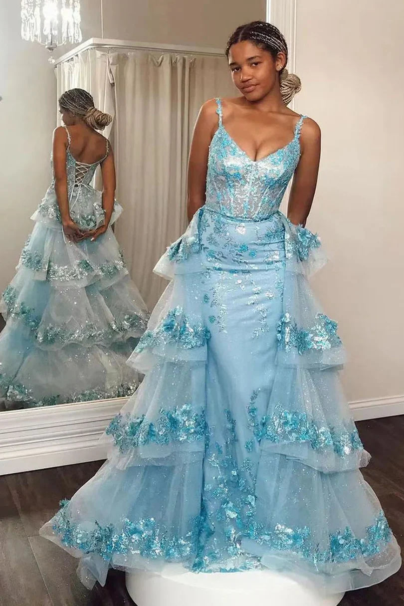 Charming A Line Spaghetti Straps Light Blue Corset Prom Dress with Appliques - View 2 | VelvetHem