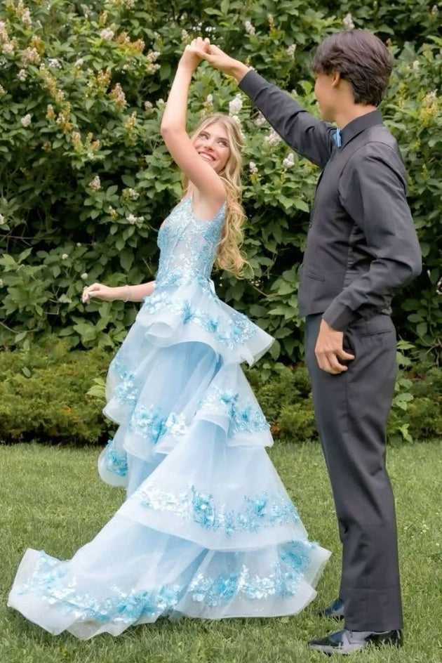 Charming A Line Spaghetti Straps Light Blue Corset Prom Dress with Appliques - VelvetHem