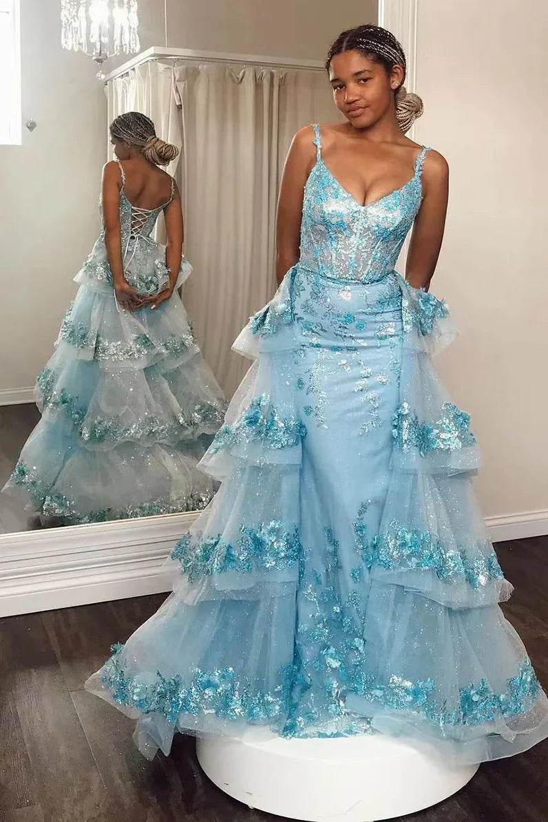Charming A Line Spaghetti Straps Light Blue Corset Prom Dress with Appliques - View 4 | VelvetHem