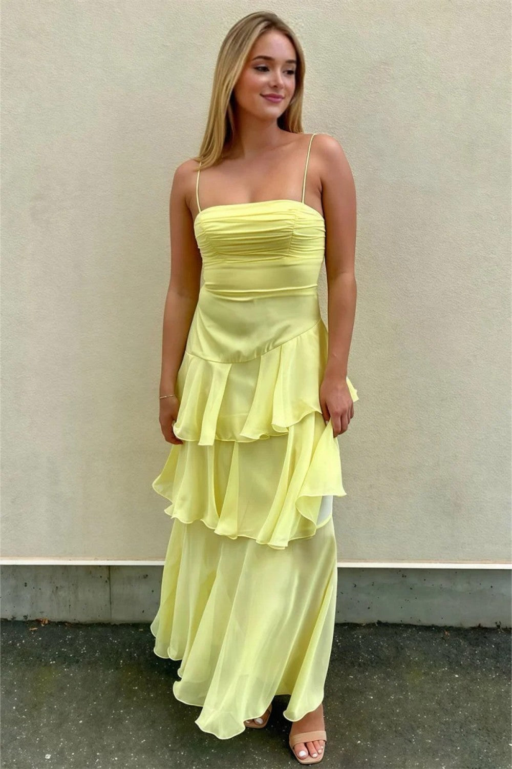 Charming A Line Spaghetti Straps Yellow Long Prom Dress with Ruffles - VelvetHem