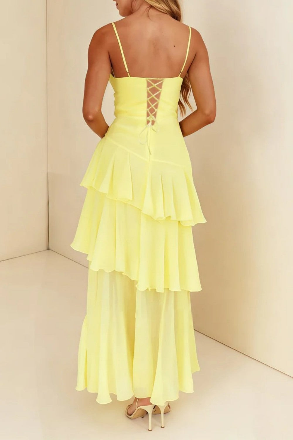 Charming A Line Spaghetti Straps Yellow Long Prom Dress with Ruffles - View 2 | VelvetHem