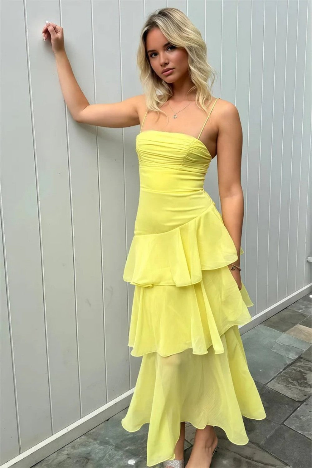 Charming A Line Spaghetti Straps Yellow Long Prom Dress with Ruffles - View 4 | VelvetHem