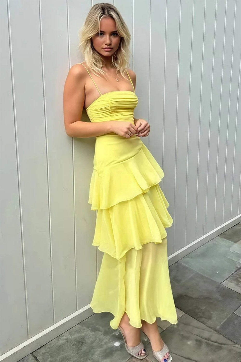 Charming A Line Spaghetti Straps Yellow Long Prom Dress with Ruffles - View 3 | VelvetHem