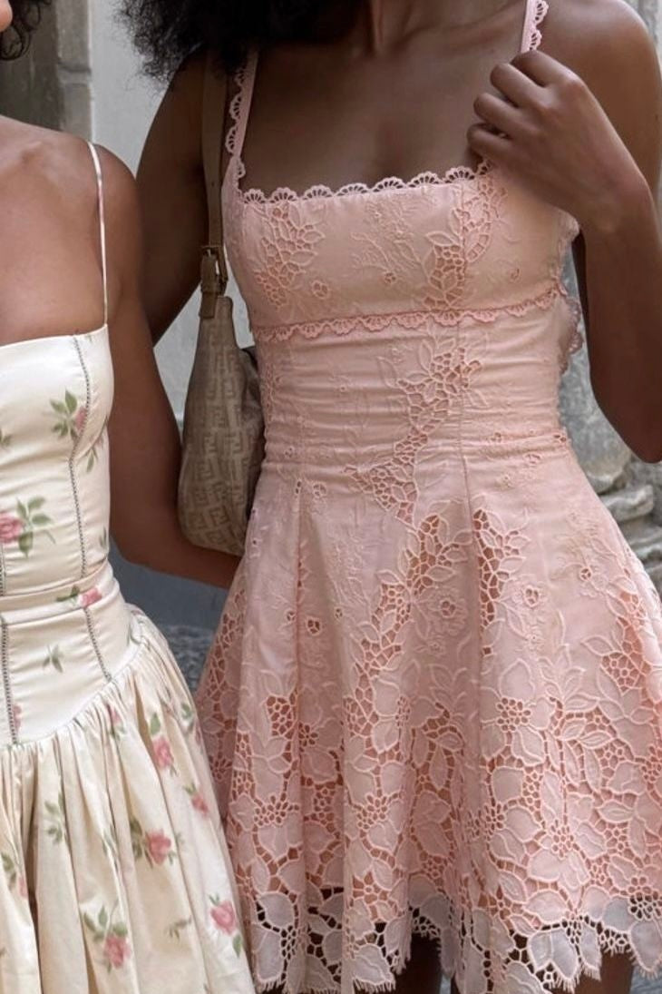 Charming A Line Square Neck Pink Lace Short Homecoming Dress