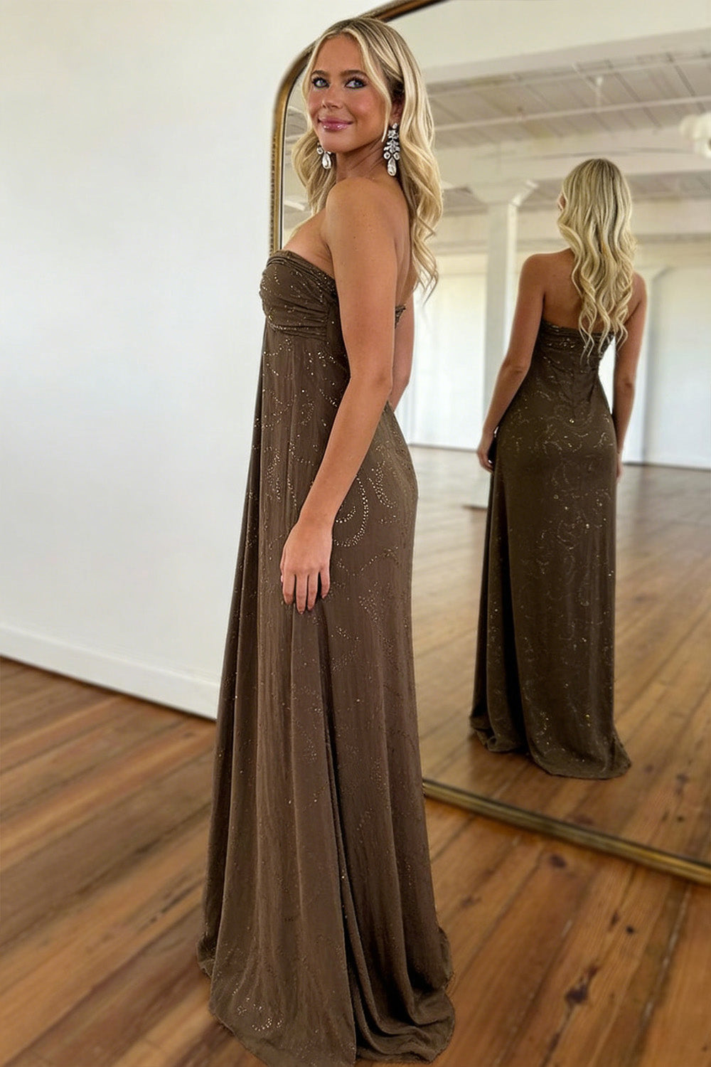 Charming A Line Sweetheart Brown Long Prom Dress with Beading