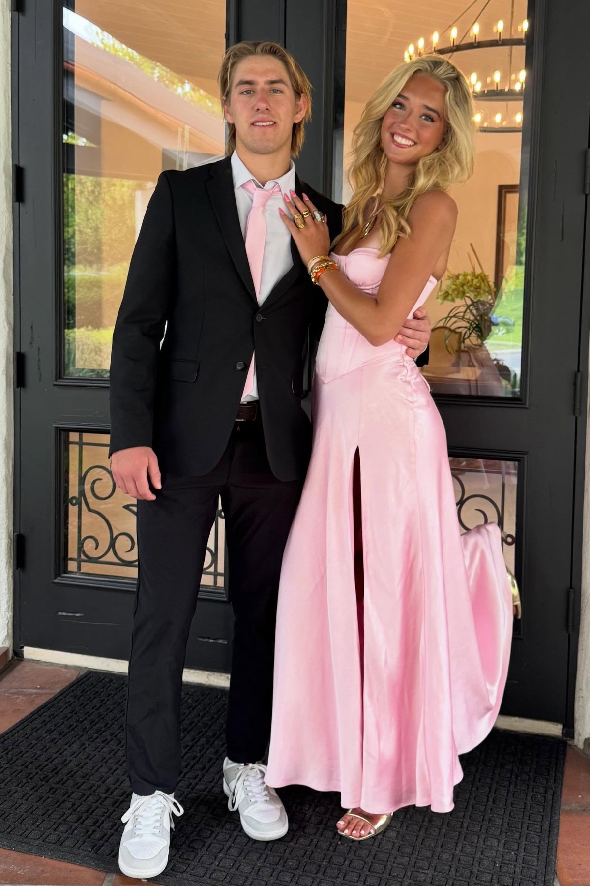Charming A Line Sweetheart Pink Corset Prom Dress with Split Front