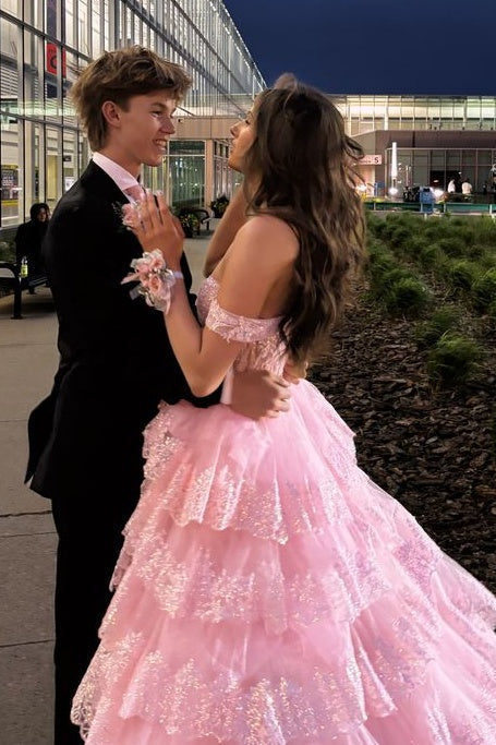 Charming A Line Sweetheart Pink Long Prom Dress with Appliques - View 2 | VelvetHem
