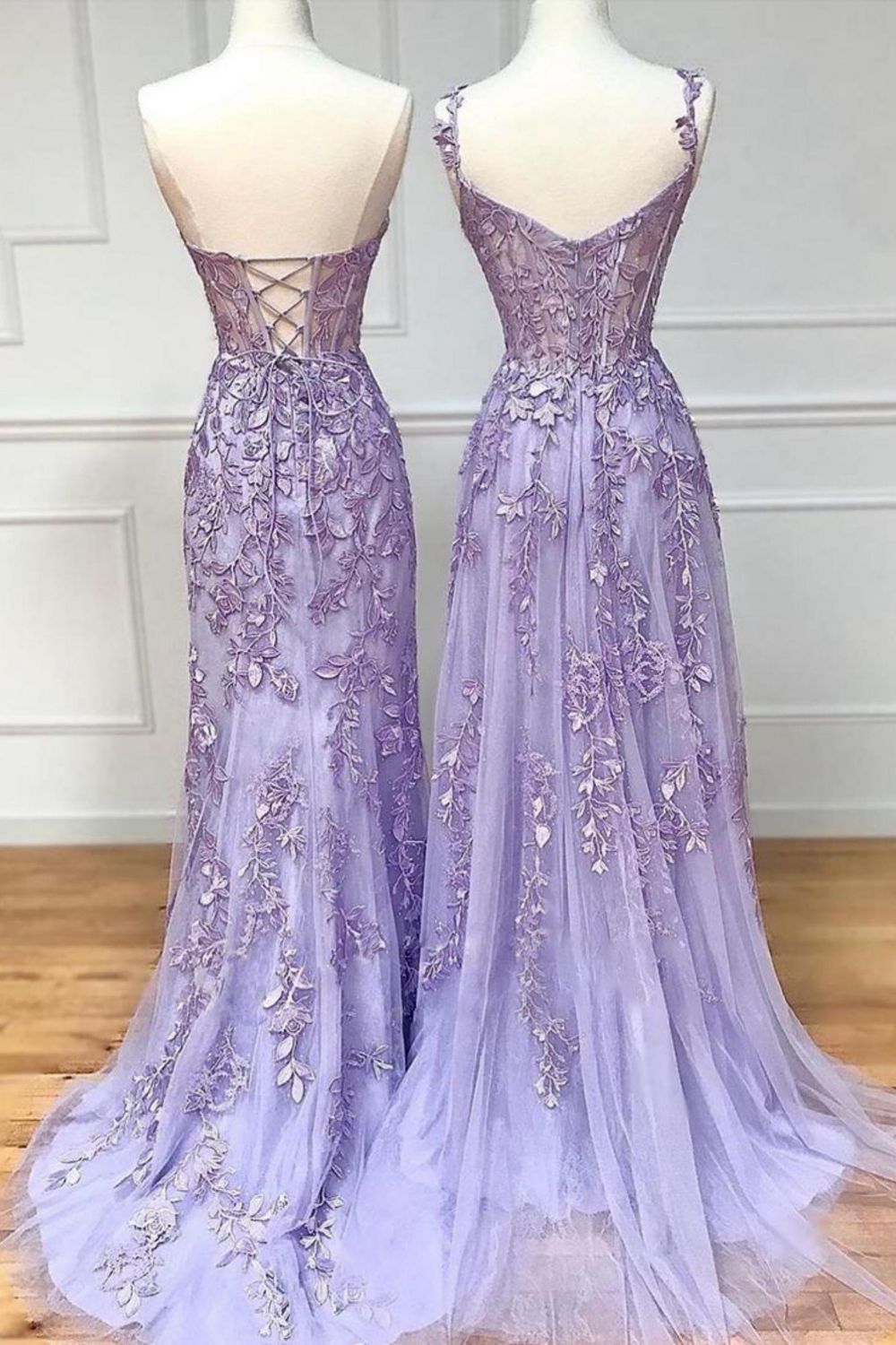 Charming Lilac Mermaid Corset Back Long Prom Dress With Appliques - View 2 | VelvetHem
