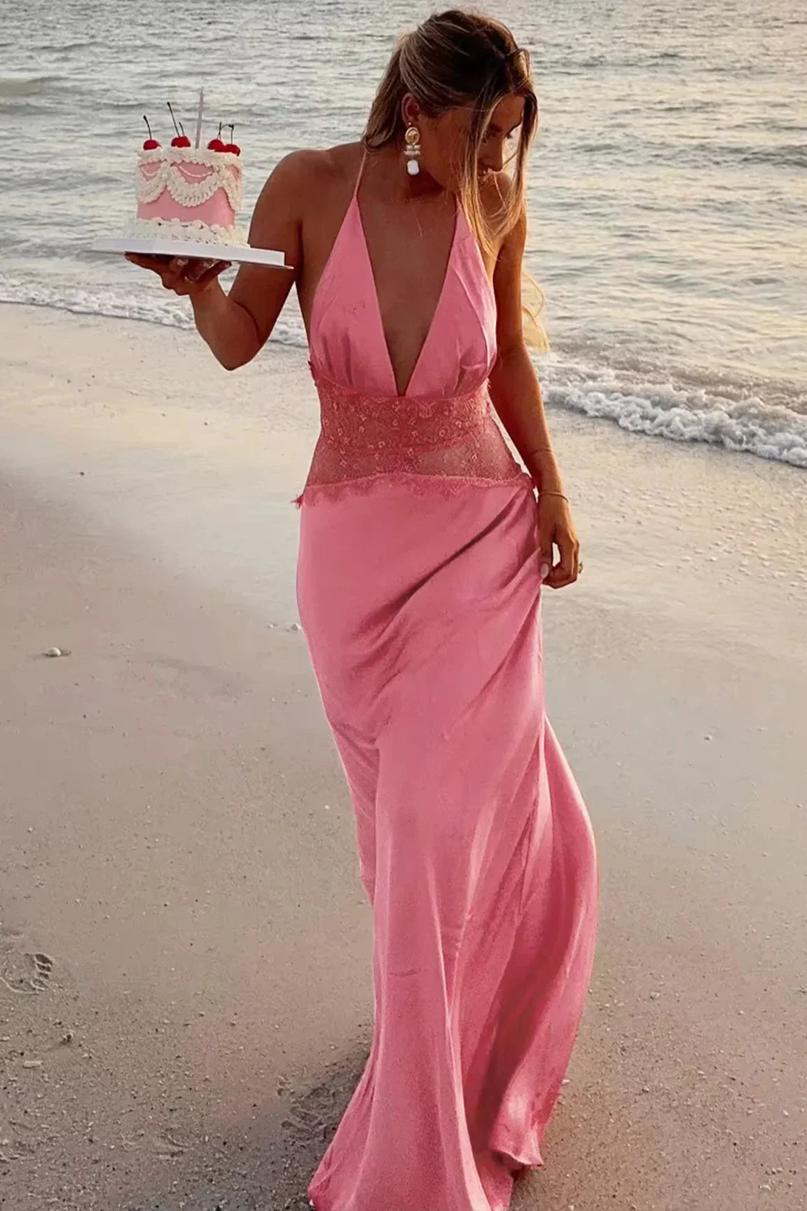 Charming Mermaid Halter Neck Candy Pink Long Prom Dress with Lace