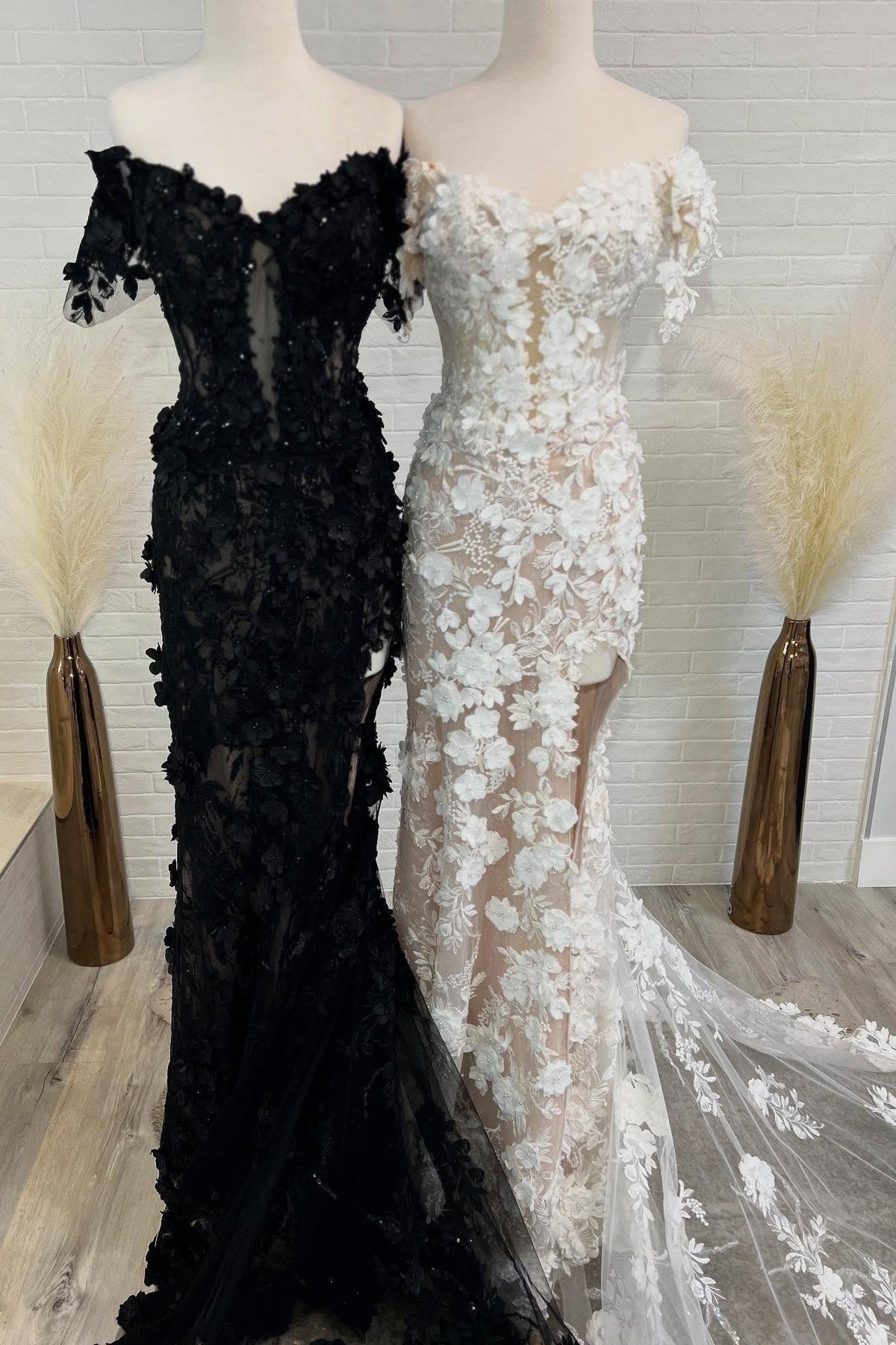 Charming Mermaid Off the Shoulder White/Black Long Prom Dress with Appliques - View 2 | VelvetHem