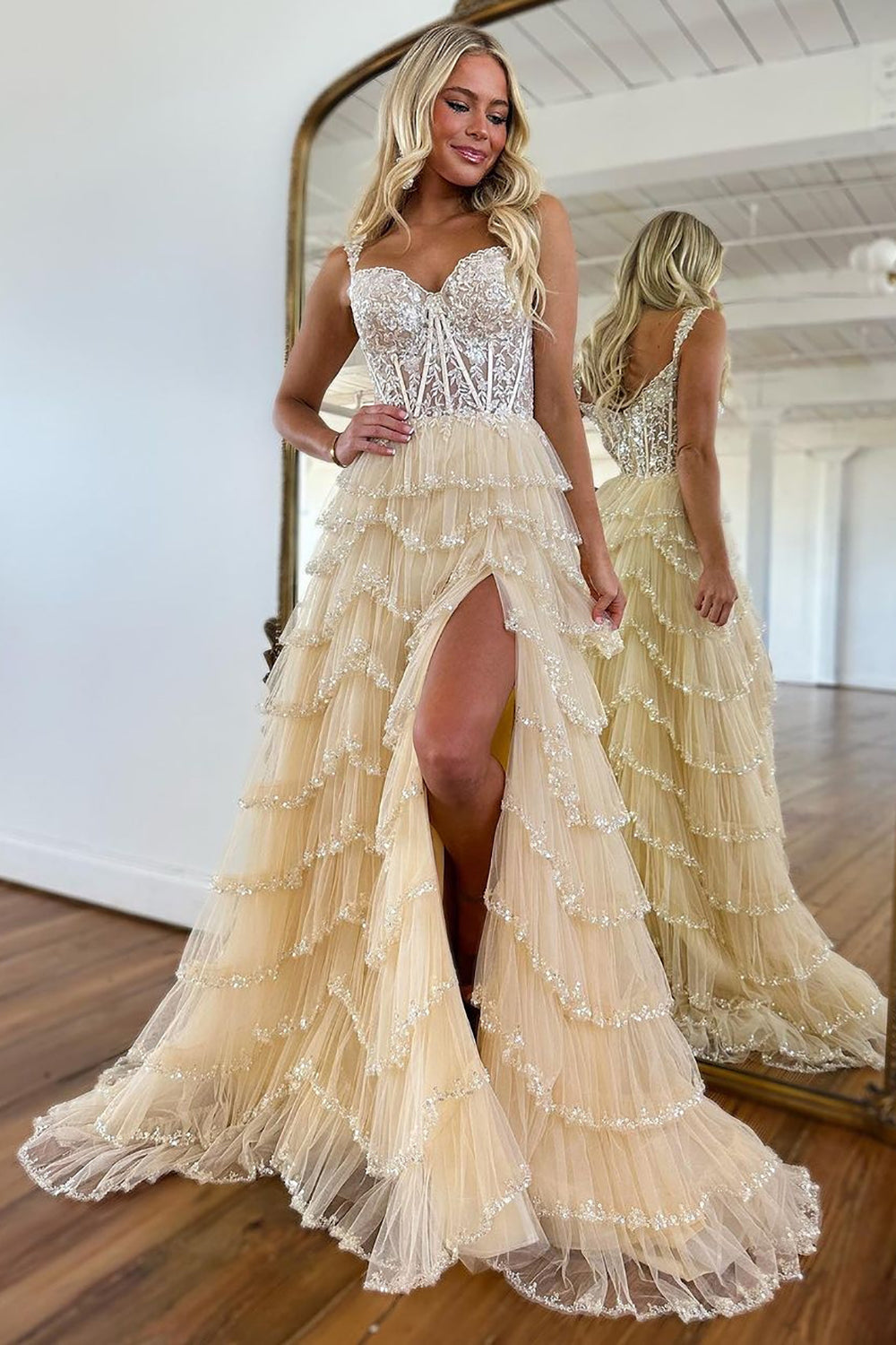 Charming Off The Shoulder A-Line Long Tiered Prom Dress With Sequin