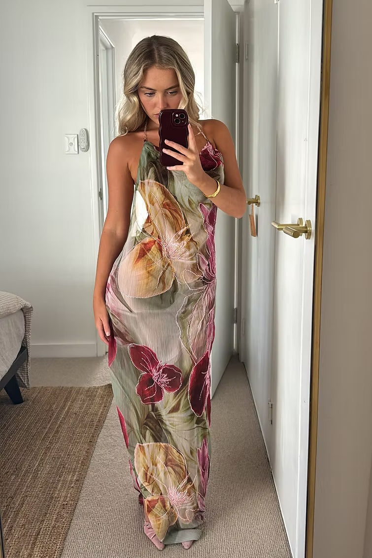 Charming Sheath Halter Neck Floral Printed Long Party Dress