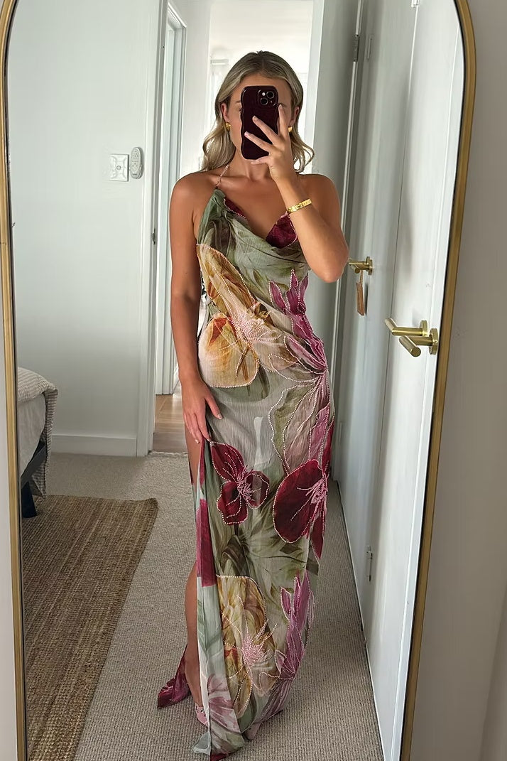 Charming Sheath Halter Neck Floral Printed Long Party Dress