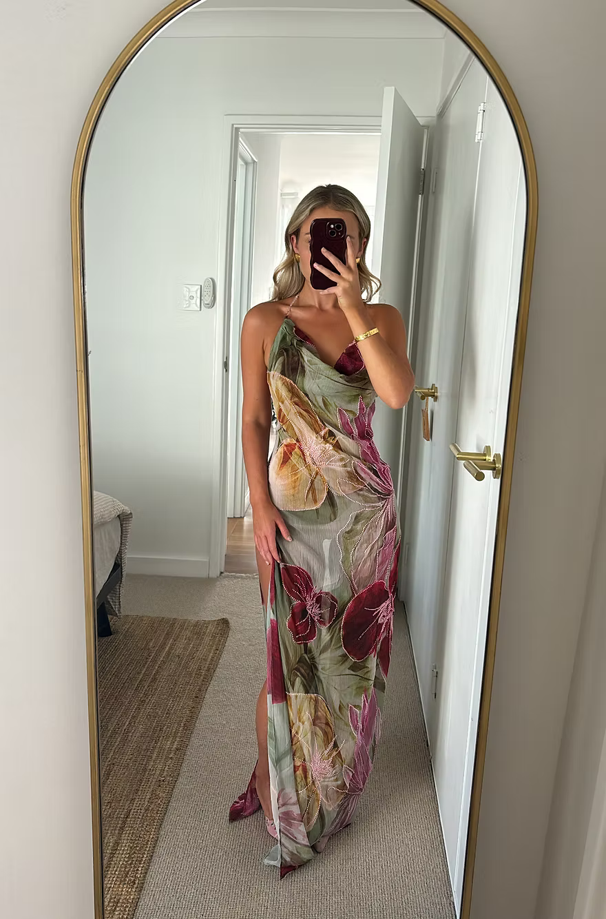 Charming Sheath Halter Neck Floral Printed Long Party Dress