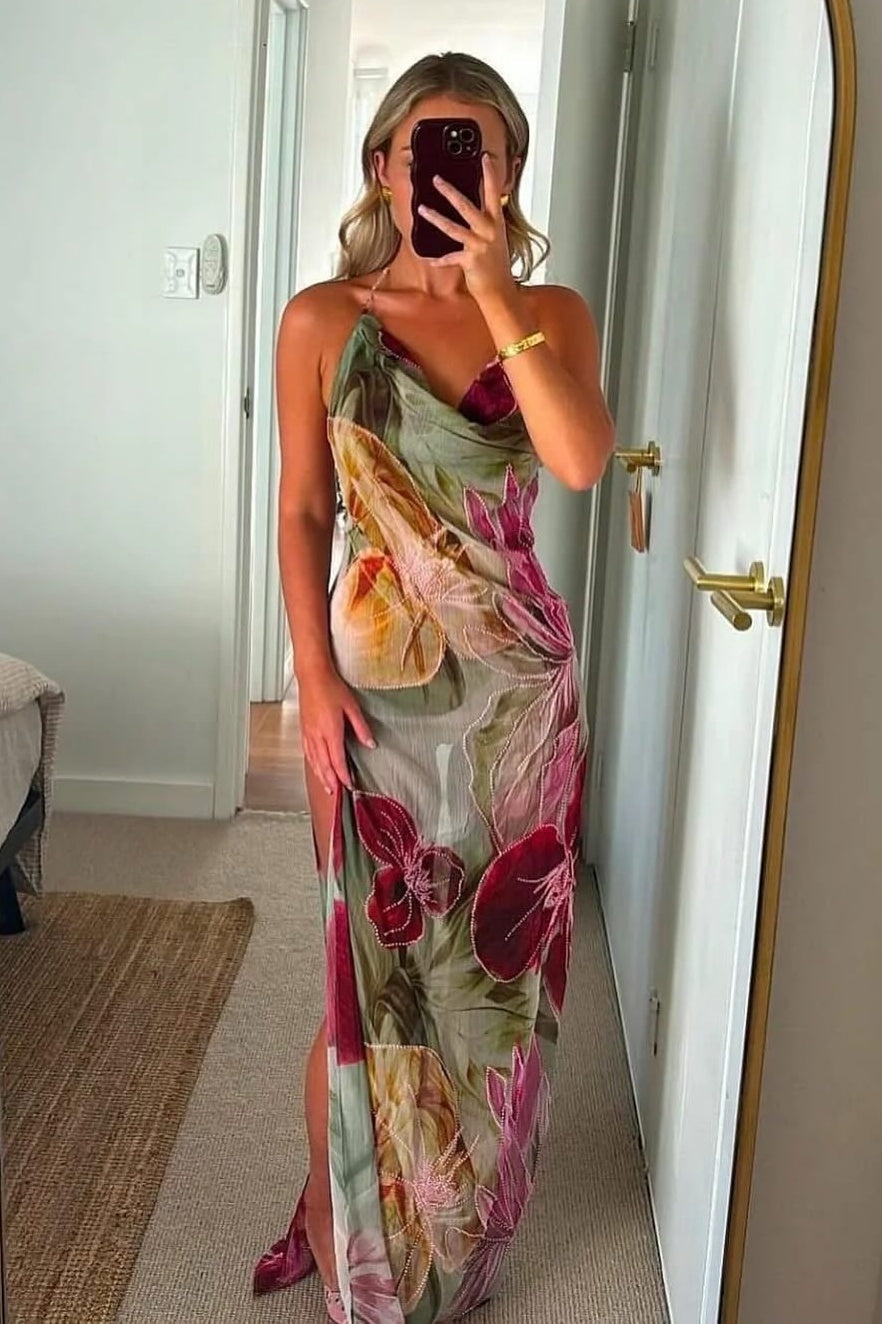 Charming Sheath Halter Neck Floral Printed Long Party Dress