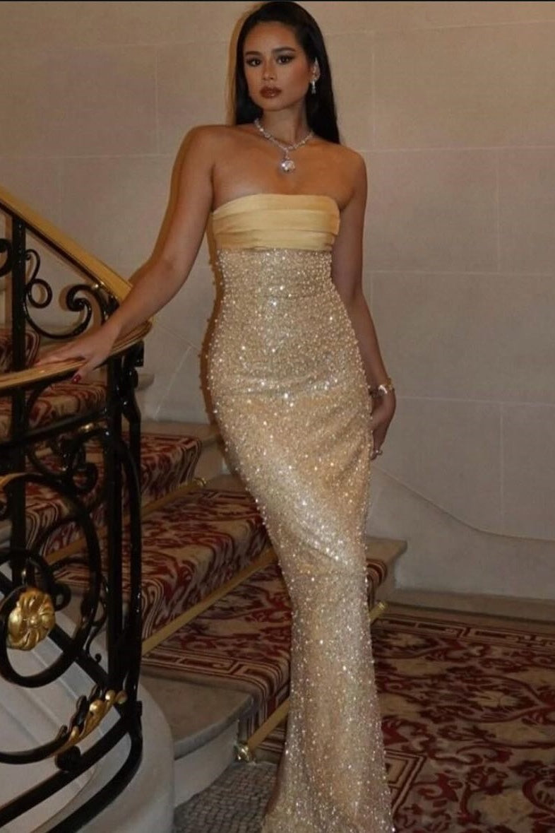 Charming Sheath Strapless Champagne Sequins Long Prom Dress with Ruched - VelvetHem