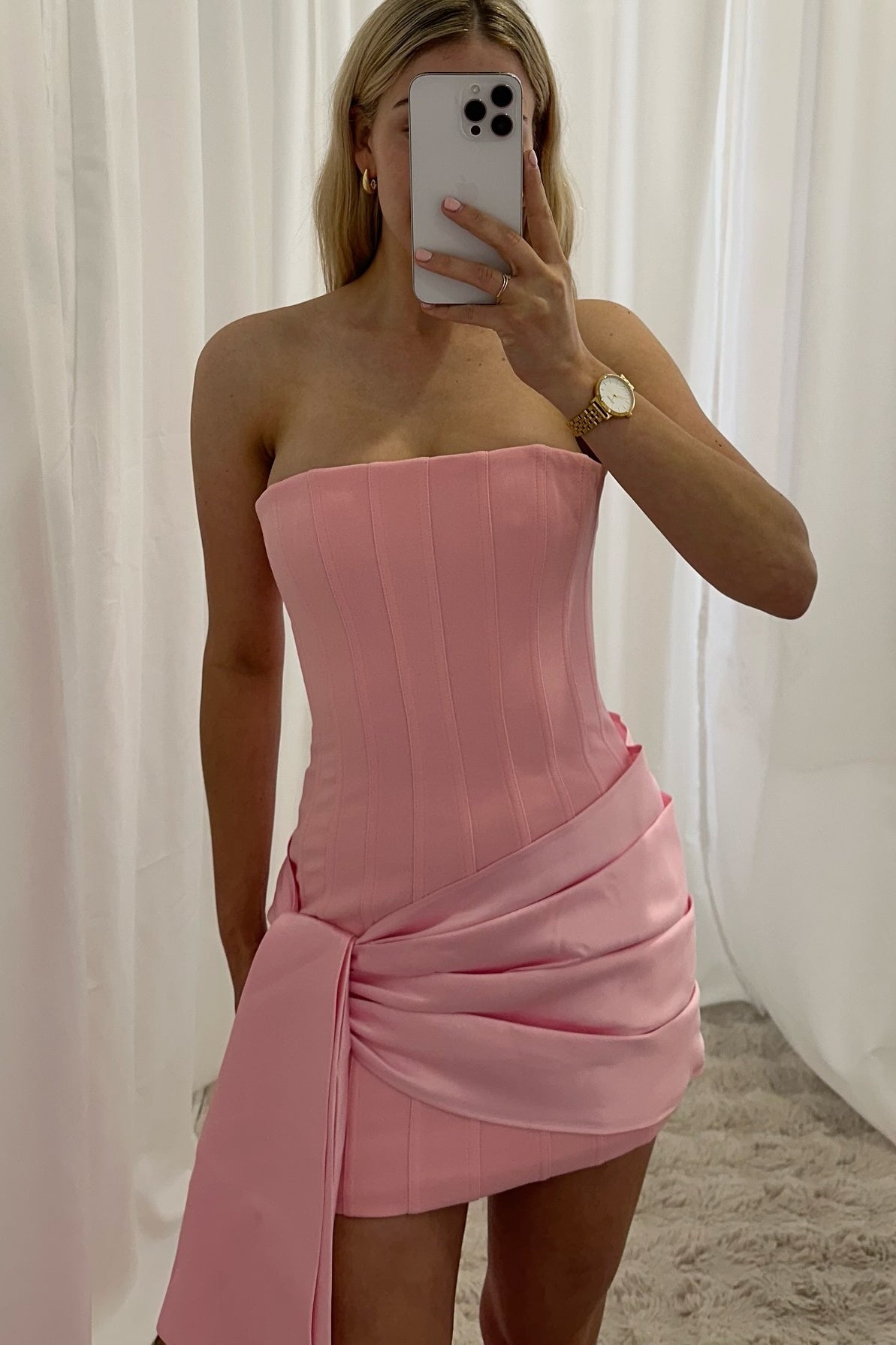 Elegant Sheath Strapless Pink Corset Homecoming Dress with Ruched