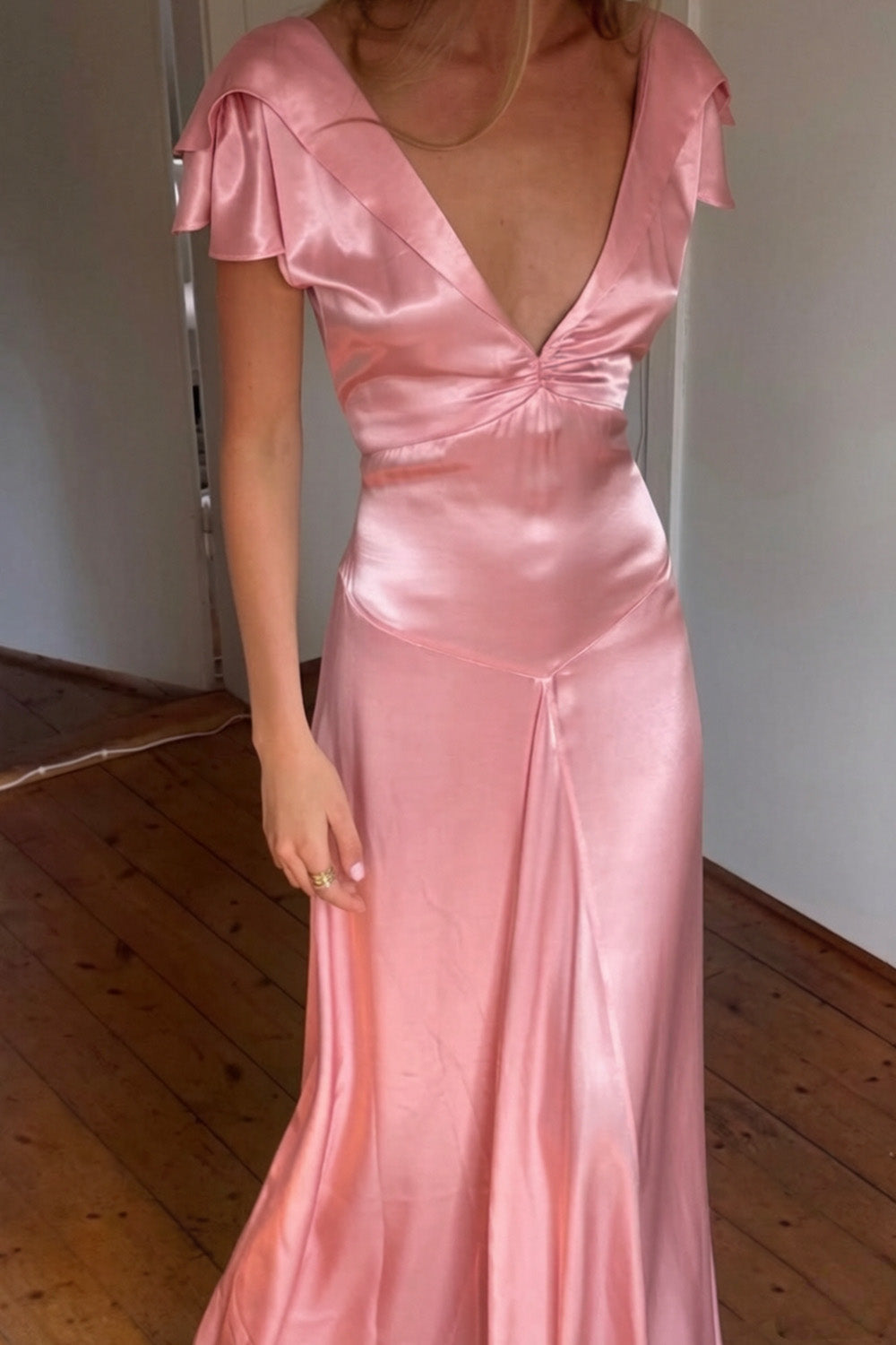Charming A Line Deep V Neck Light Yellow Long Prom Dress with Open Back