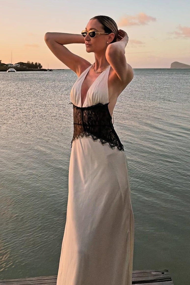 Hot Mermaid Halter Neck Light Blue Long Party Dress with Lace