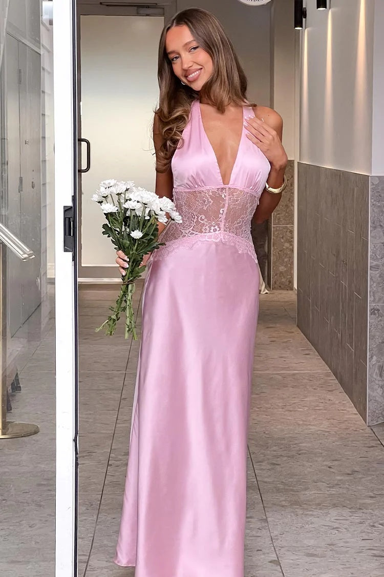 Hot Mermaid Halter Neck Light Blue Long Party Dress with Lace