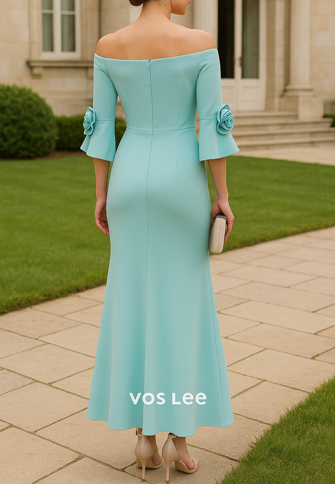 Bell Sleeves Off the Shoulder Flowers Embellished Mermaid Mother of Bride Dresses