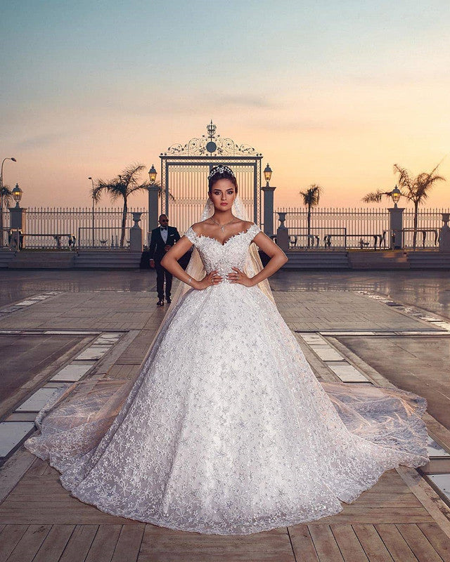 Chic Appliques Off-the-shoulder Wedding Dresses | Sweep Train Sleeveless Bridal Dresses