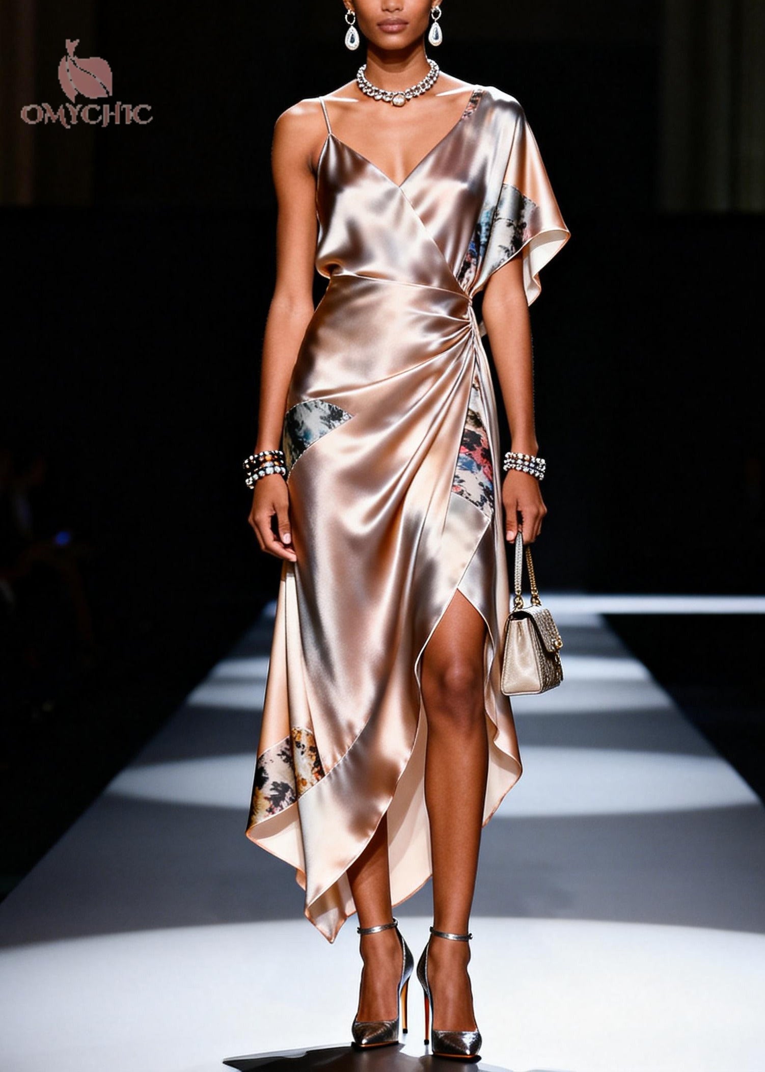 Chic Apricot Asymmetrical Patchwork Silk Sundress Summer