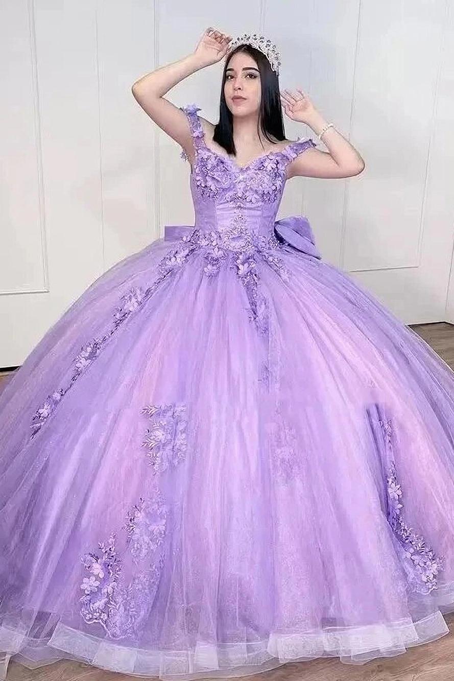 Chic Ball Gown Off Shoulder Beaded 3D Flower Appliques Bow Knot Lilac Tulle Quinceanera Dress For Sweet 16