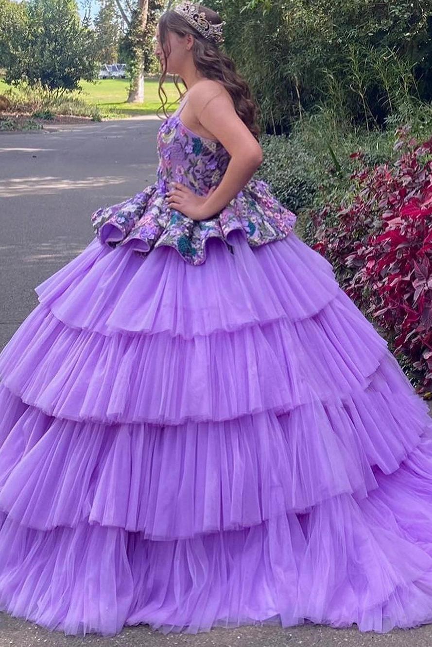 Chic Ball Gown Strapless Spaghetti Straps Flowers Appliques Tiered Lavender Tulle Quinceanera Dress For Sweet 16