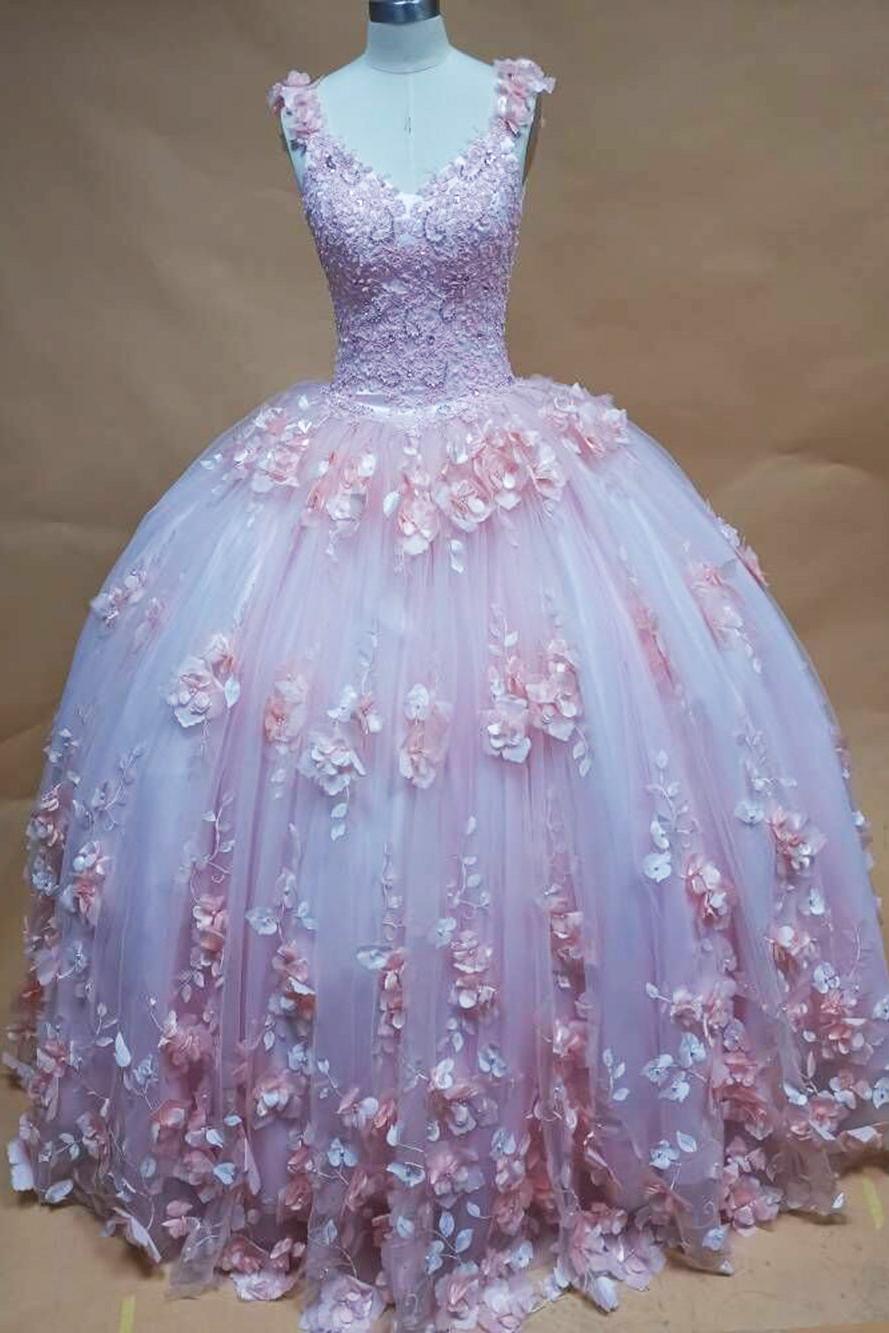 Chic Ball Gown V Neck Straps 3D Floral Lace Appliques Beaded Pink Tulle Princess Gown Quinceanera Dress For Sweet 16