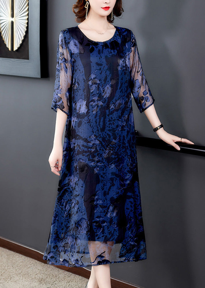 Chic Blue O-Neck Print Long Dresses Half Sleeve