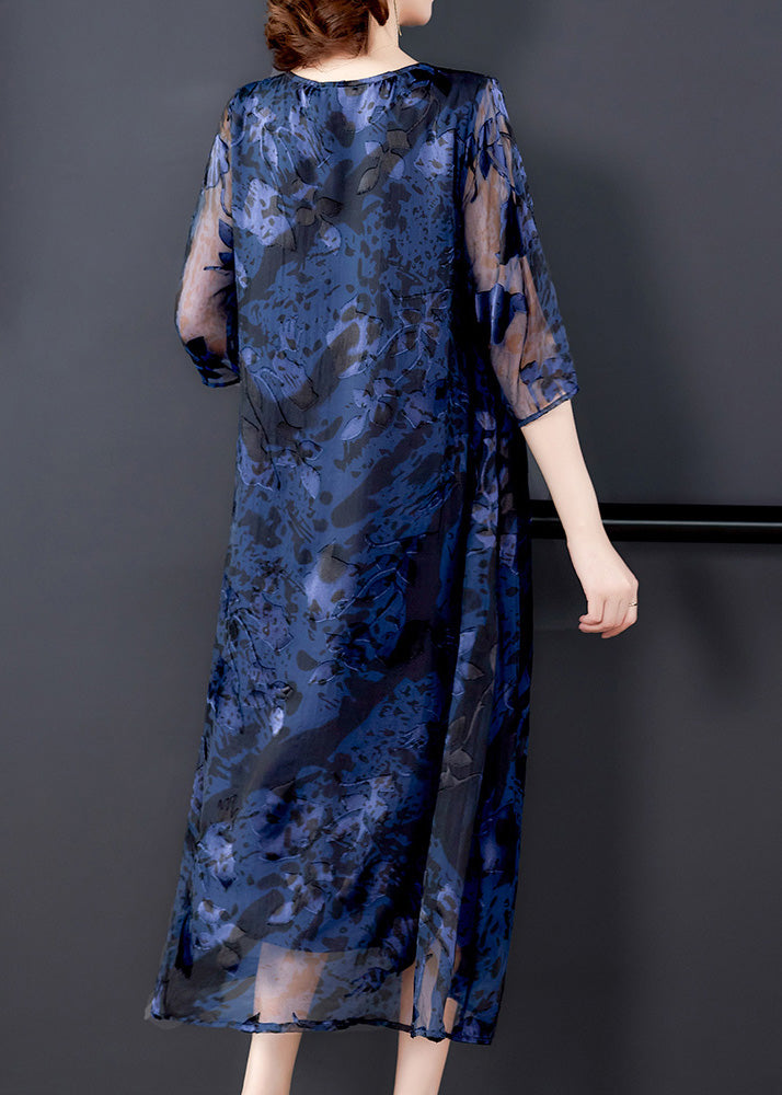 Chic Blue O-Neck Print Long Dresses Half Sleeve