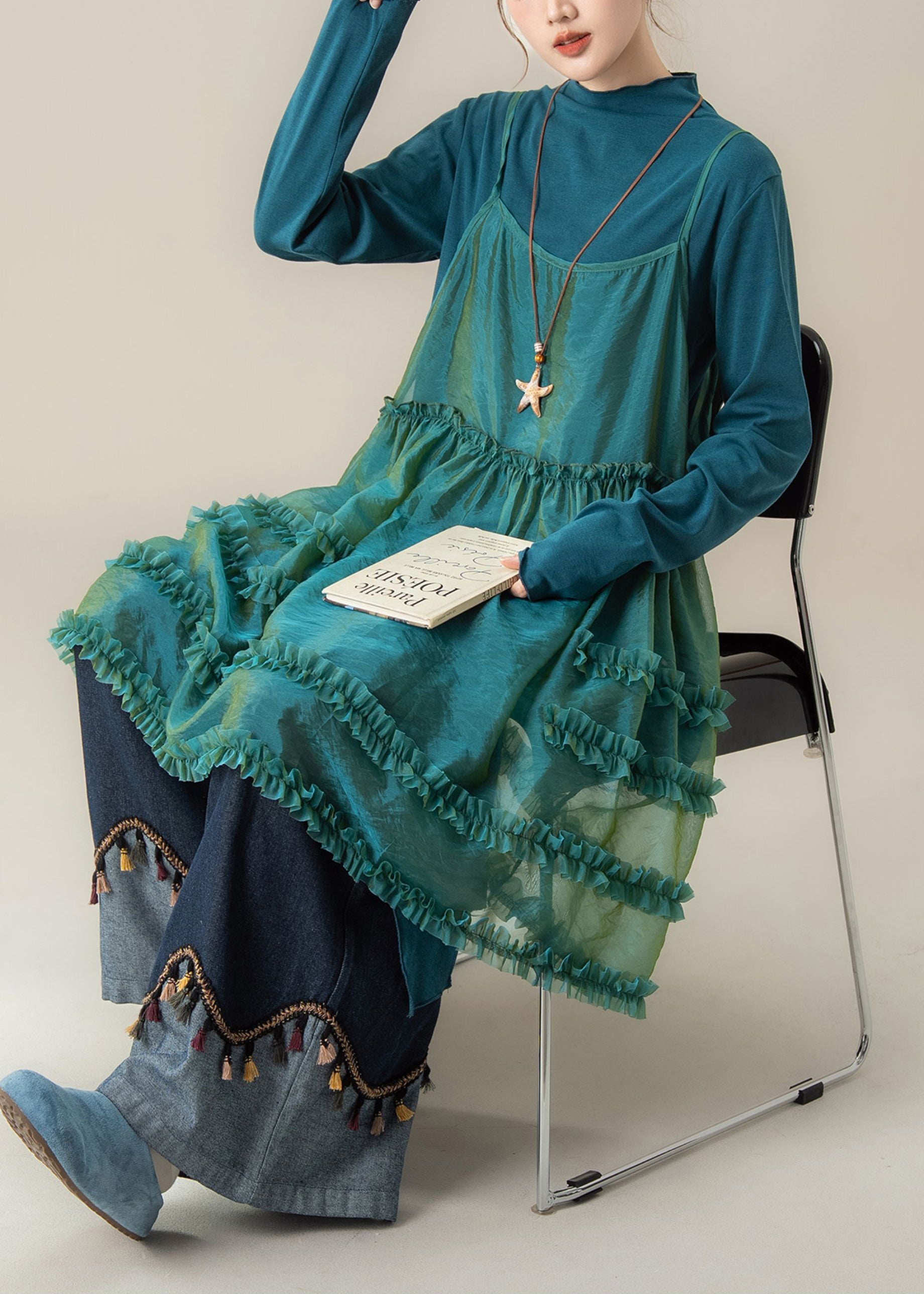 Chic Blue Ruffled Spaghetti Strap Dress T Shirt And Pants Three Piece Suit Set Fall