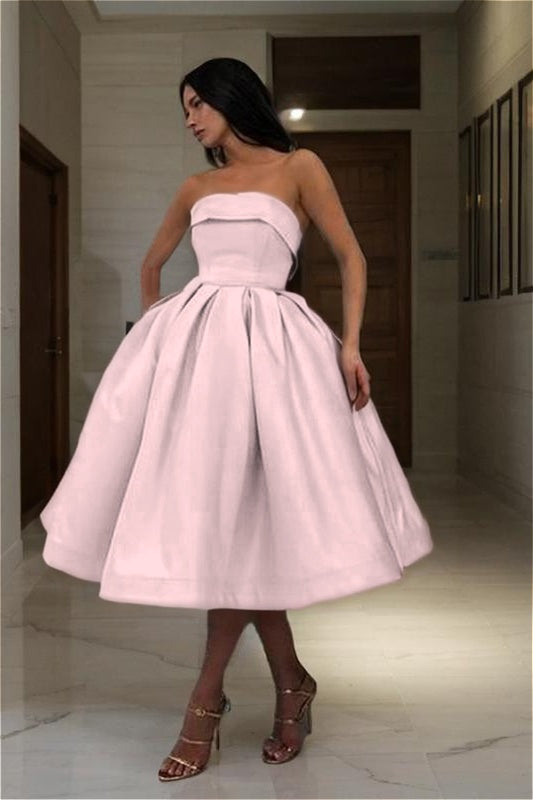 Chic Blue Strapless Sleeveless A Line Short Homecoming Dress With Pleated