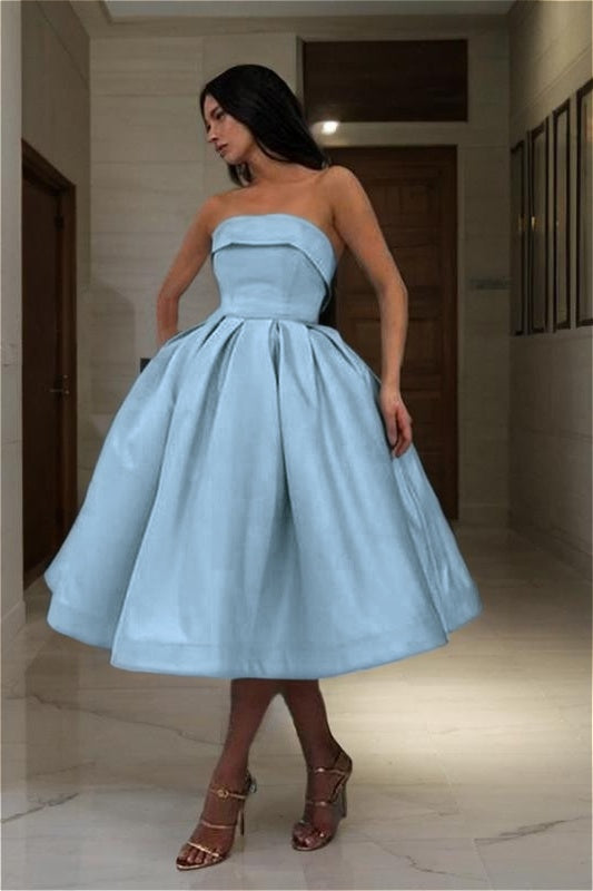 Chic Blue Strapless Sleeveless A Line Short Homecoming Dress With Pleated