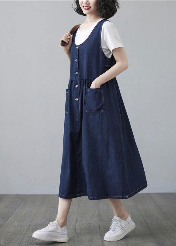 Chic Blue Summer Pockets Button Cotton Dresses
