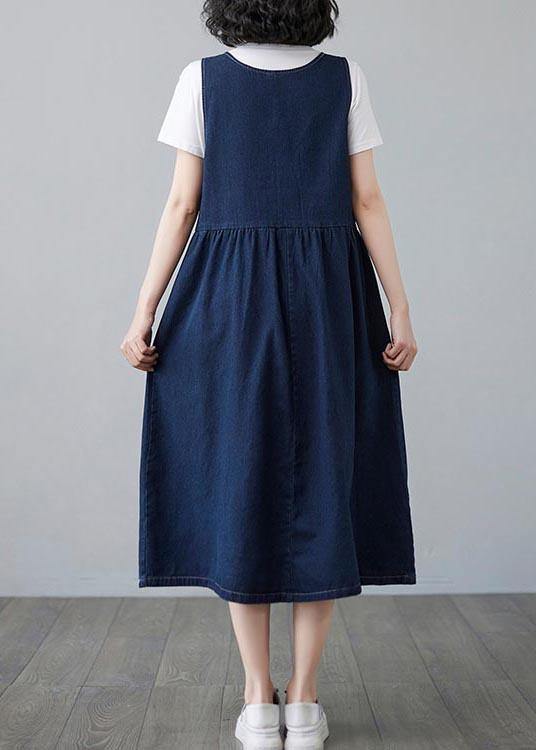 Chic Blue Summer Pockets Button Cotton Dresses