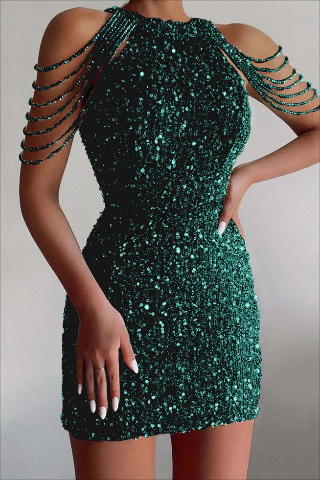 Chic Champagne Sequins Gold Jewel Neck Short Homecoming Dress With Beadings