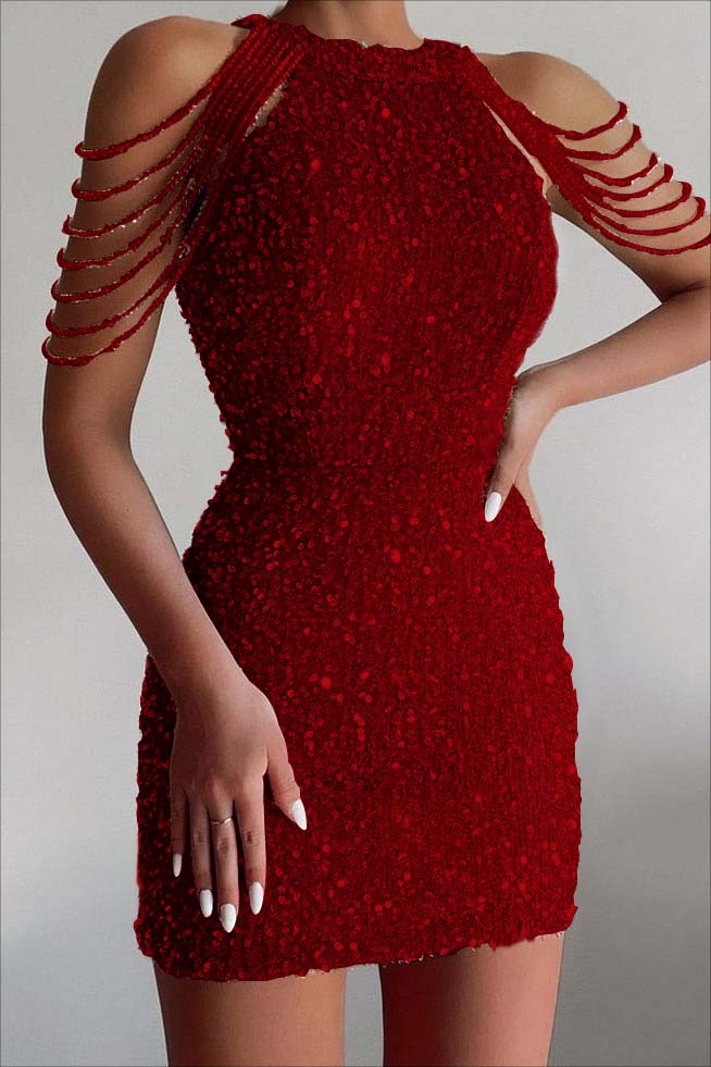 Chic Champagne Sequins Gold Jewel Neck Short Homecoming Dress With Beadings