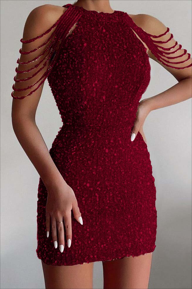 Chic Champagne Sequins Gold Jewel Neck Short Homecoming Dress With Beadings