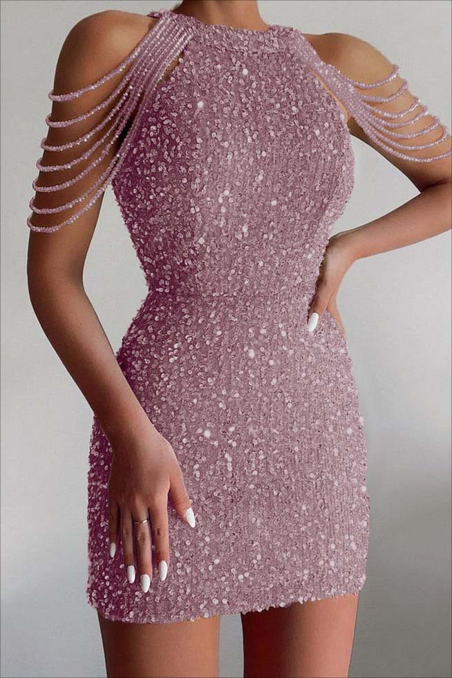 Chic Champagne Sequins Gold Jewel Neck Short Homecoming Dress With Beadings
